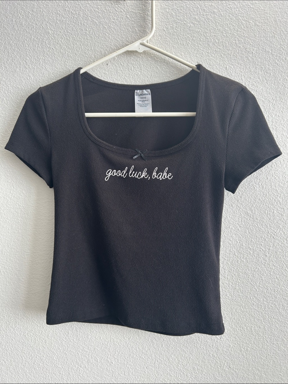 No Boundaries Black Scoop Neck Tee with "good luck, babe"